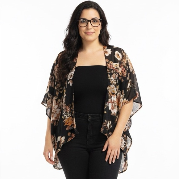 Xhilaration Black Sheer Orange Maroon Fall Open Front Kimono Floral XL/XXL - Picture 1 of 9